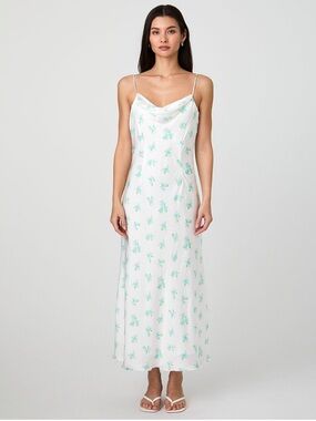 French Connection White Satin Cowlneck Midi Dress with Dainty Floral Print